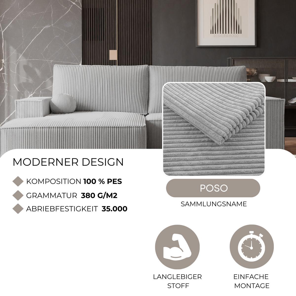 ECKSOFA HUGO Rechts, mit Schlaffunktion und Bettkasten, Hellgrau - Hellgrau, Textil (255/148cm) - Idohome