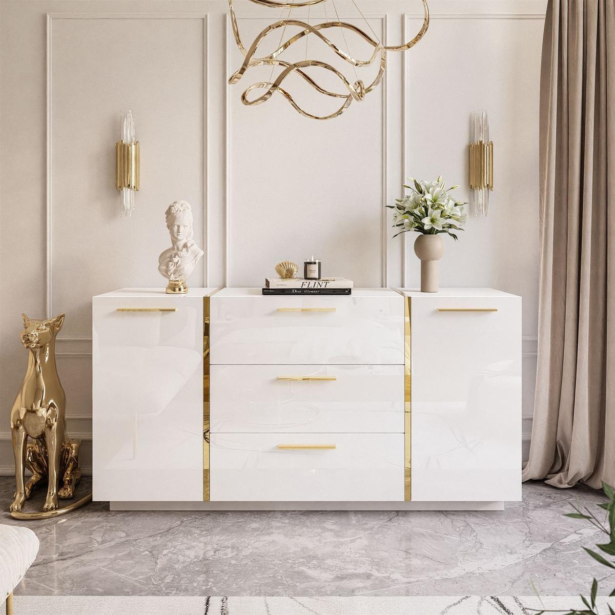 KOMMODE MIT SCHUBLADEN ONYX HOCHGLANZ 158 CM - Weiß, Holzwerkstoff (158/81/41.3cm) - Lookway