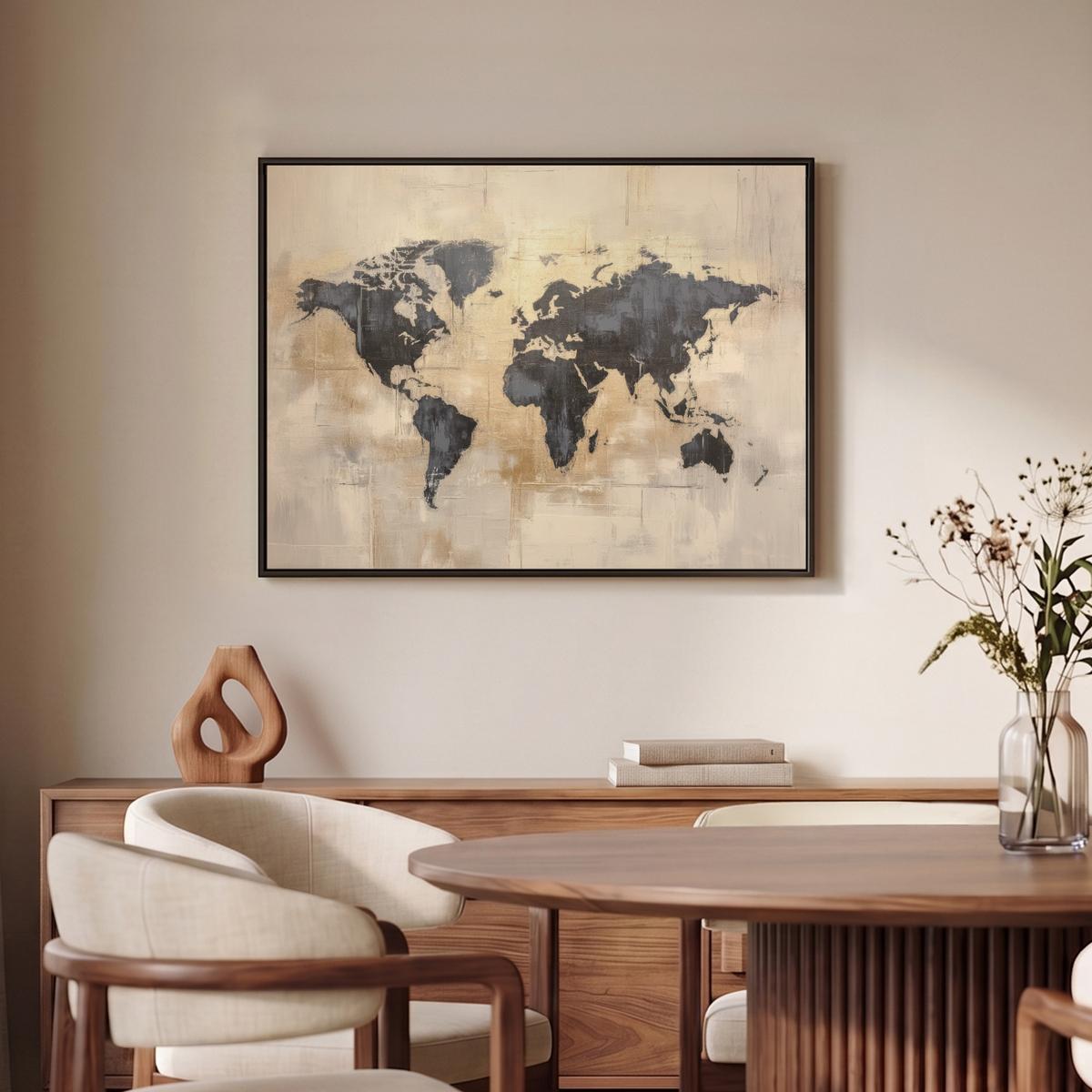 LEINWAND Bilder mit Rahmen - Weltkarte - Gold - Schwarz - Abstrakt - 70x50 - Kupferfarben, Textil (70/50cm) - MuchoWow