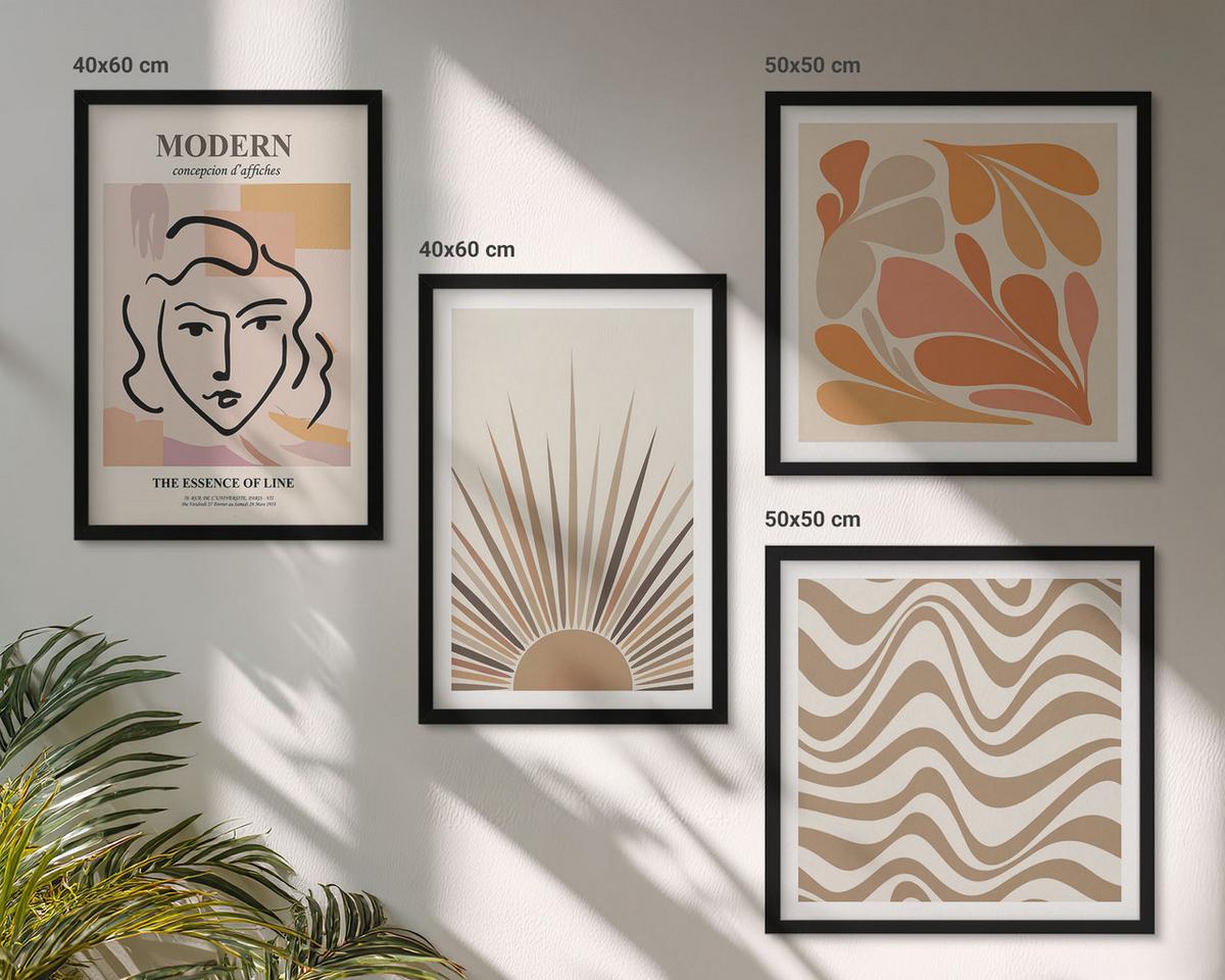 BILDER SET 4er Set - 50x50 cm & 40x60 cm Schwarzer Rahmen - Sonnen-Boho-Pastelltönen - Schwarz, Kunststoff (50/50cm) - TULUP