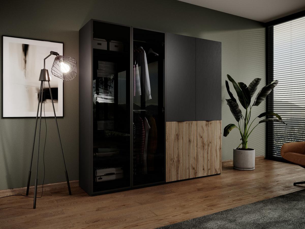 DREHTÜRENSCHRANK ATELIO 202/200/51 cm Modern Kleiderschrank 4-türig Schwarz - Schwarz, Holzwerkstoff (202/200/51cm) - MASSENO