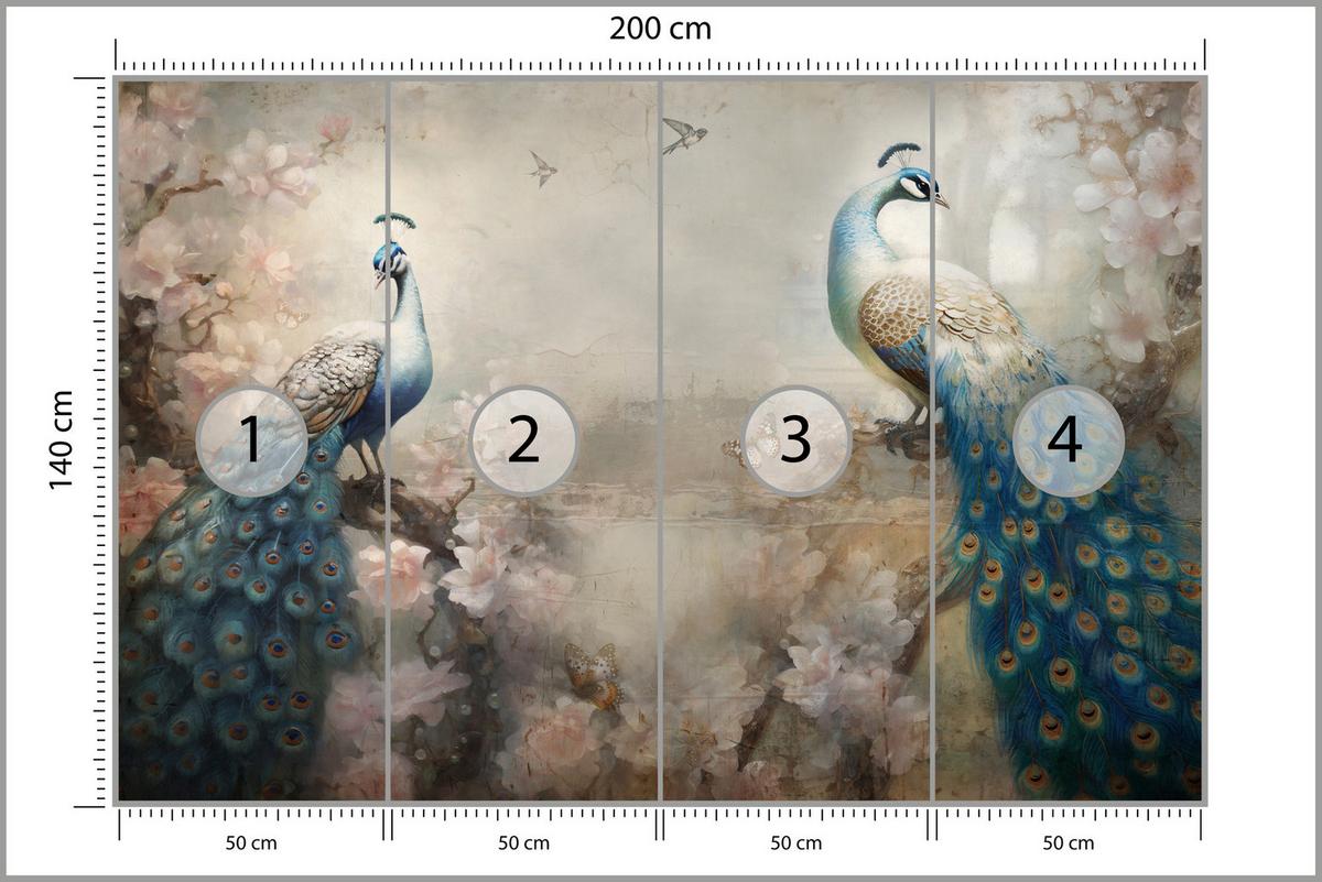 FOTOTAPETE Abstrakte Pfauen Blumen Beton Vintage 200x140 - Blau/Beige, Papier (200/140cm) - Muralo