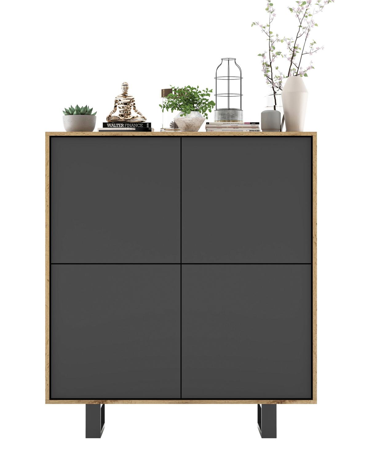 KOMMODE Apollo 4D Eiche wotan Graphit Matt 113/127/35 cm - Graphitfarben/Schwarz, Holzwerkstoff/Metall (113/127/35cm) - Meble Lindner