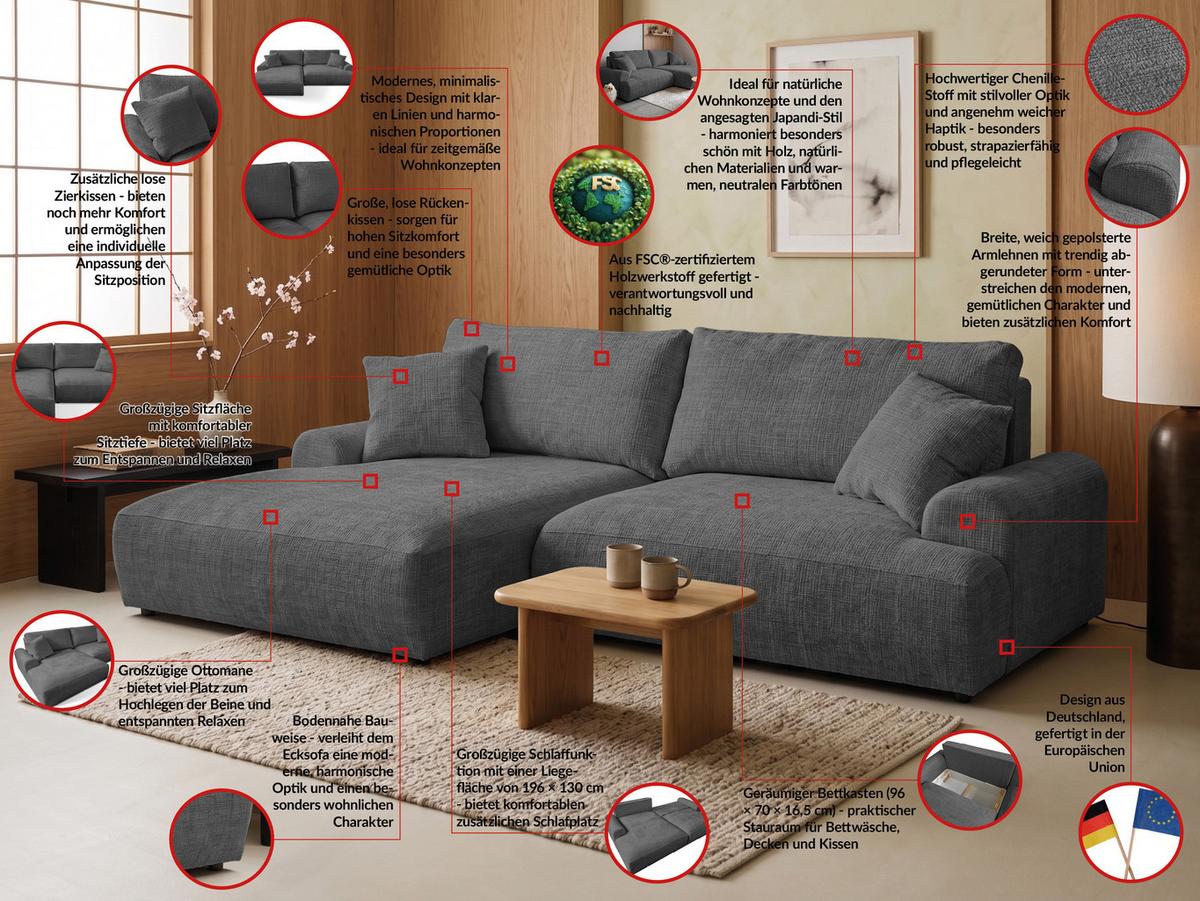 ECKSOFA Melvano mit Schlaffunktion und Bettkasten im Japandi-Stil aus weichem Grau Chenille-Stoff - Schwarz/Grau, Holz/Kunststoff (145/240cm) - S-Style
