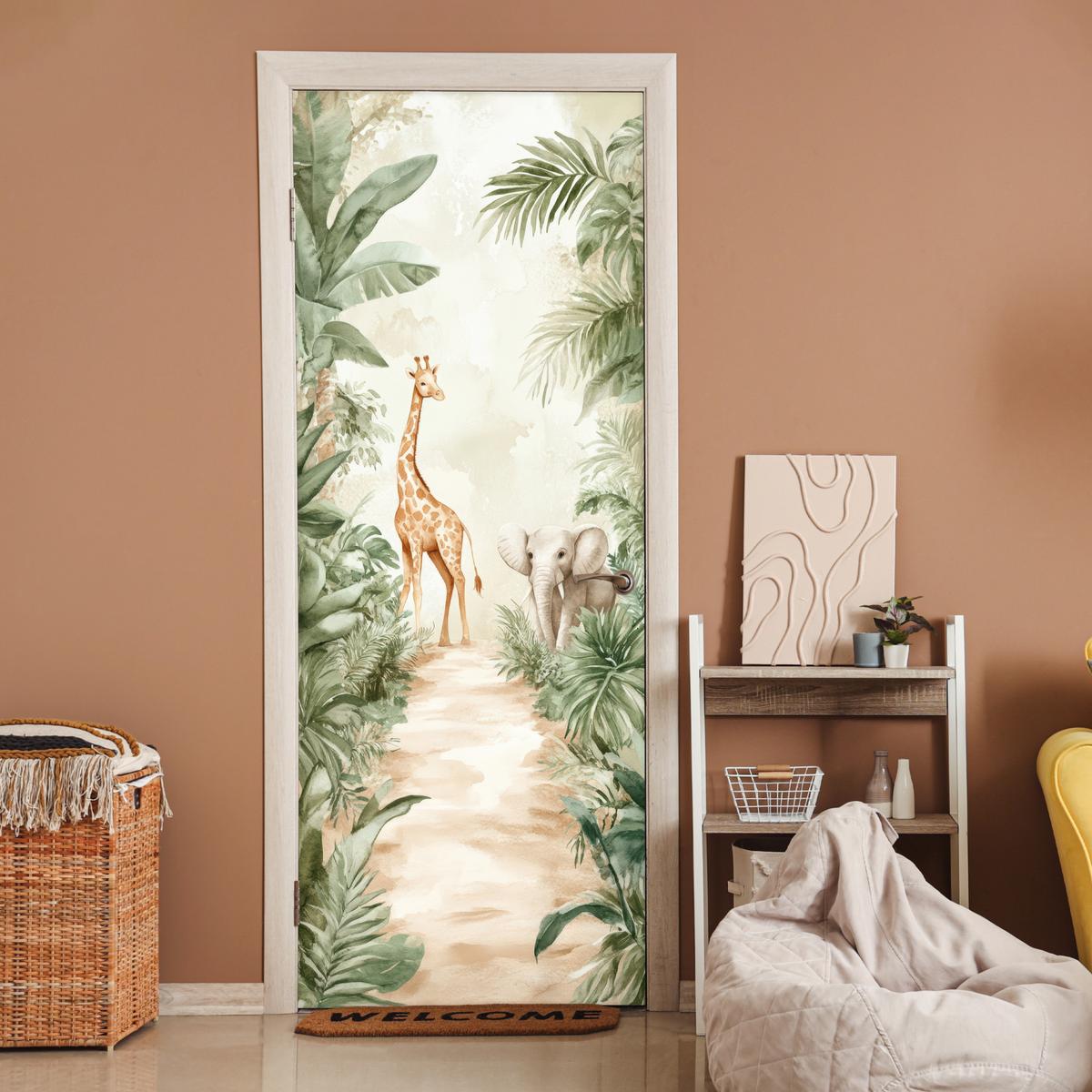TÜRAUFKLEBER Dschungel - Giraffe - Elefant - Grün - Natur 90x235 cm - Türtapete - Eukalyptusholzfarben, Kunststoff (90/0.1cm) - MuchoWow