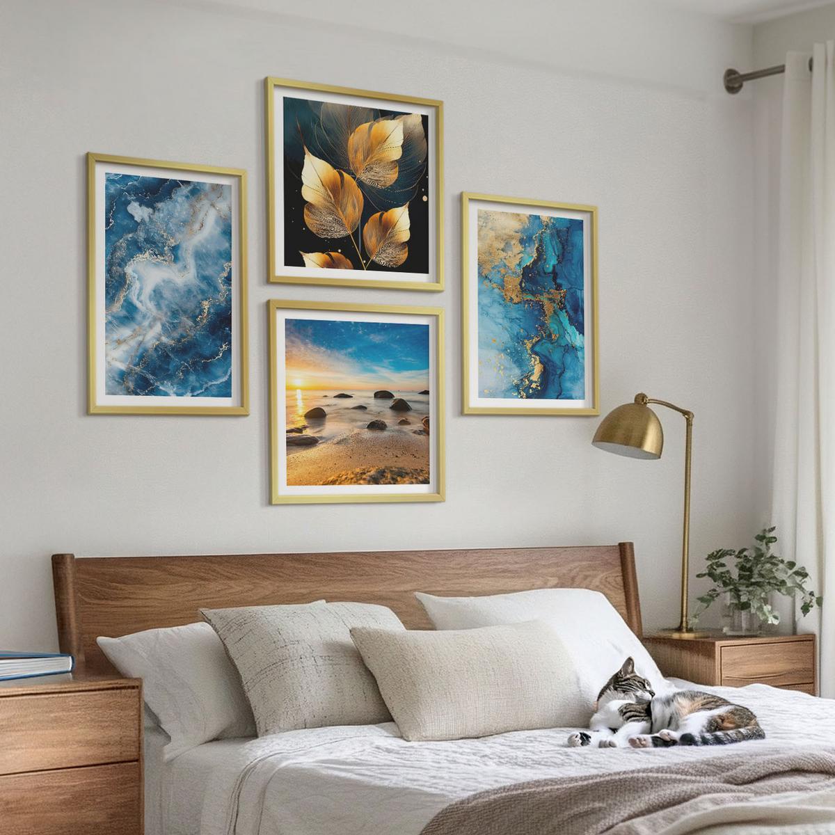 BILDER SET 4er Set - 50x50 cm & 40x60 cm Goldrahmen - Bilder mit blau-goldenen Mustern - Goldfarben, Kunststoff (50/50cm) - TULUP