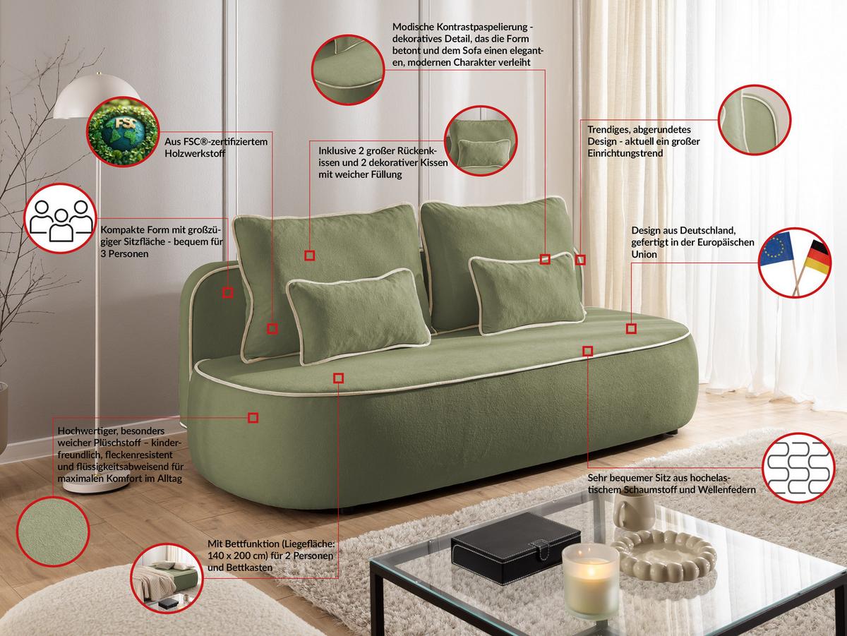 KINDERSOFA Vero im modernen und abgerundeten Design mit Schlaffunktion und Bettkasten aus Olivgrün Plüschstoff mit beiger Paspel - Schwarz/Olivgrün, Holz/Kunststoff (210/90/98cm) - S-Style Möbel