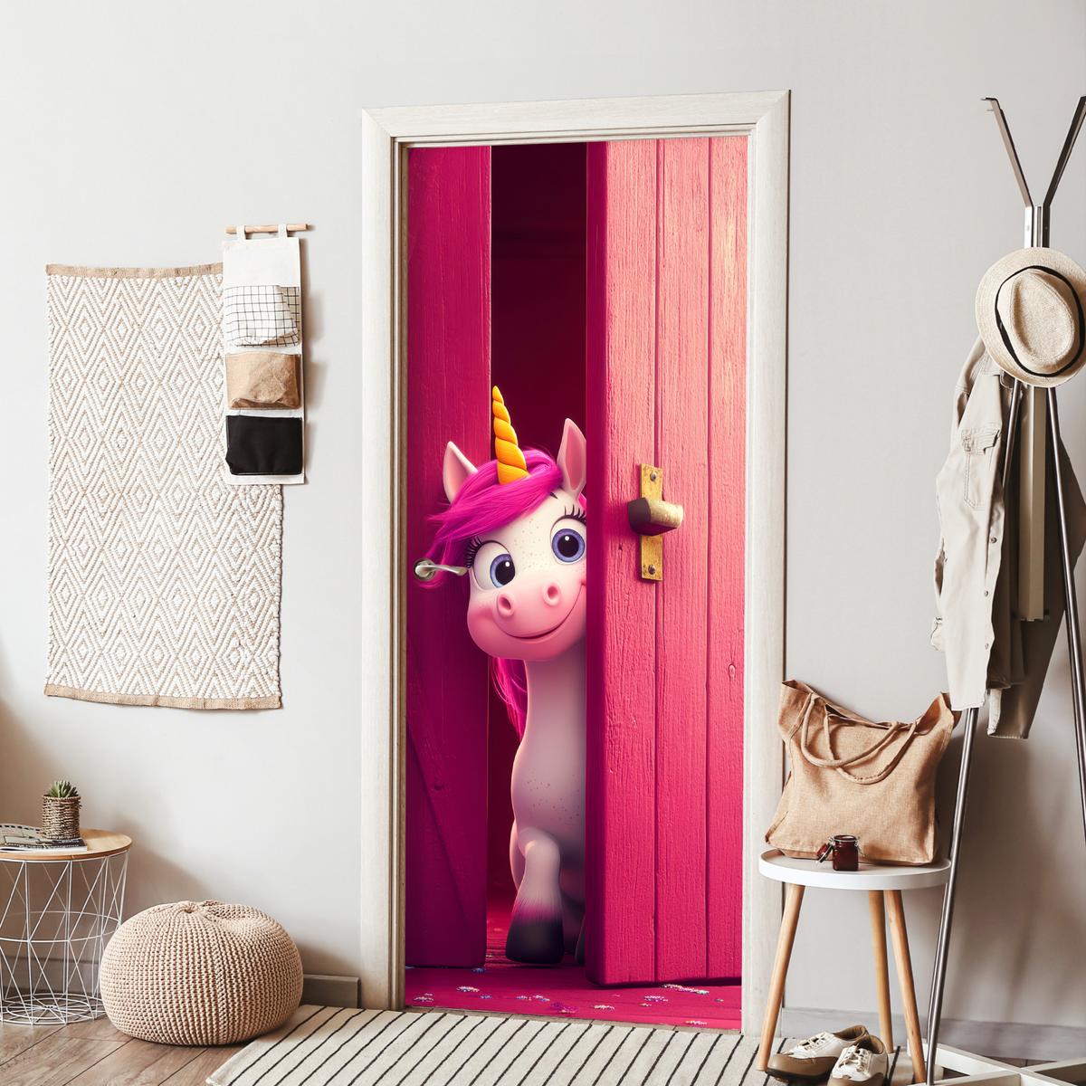 TÜRAUFKLEBER Einhorn - Rosa - Tür - Fantasie Room Decor 85x205 cm - Türtapete - Pink, Kunststoff (85/0.1cm) - MuchoWow
