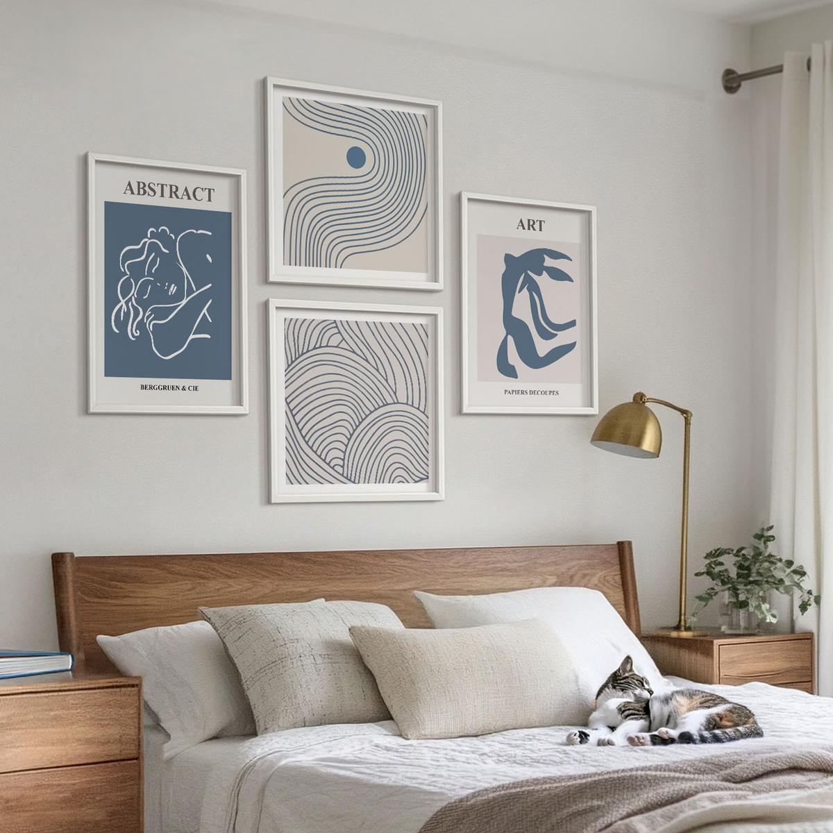 BILDER SET 4er Set - 50x50 cm & 40x60 cm Weißer Rahmen - Poster mit abstrakten Linien und Wellen - Weiß, Kunststoff (50/50cm) - TULUP