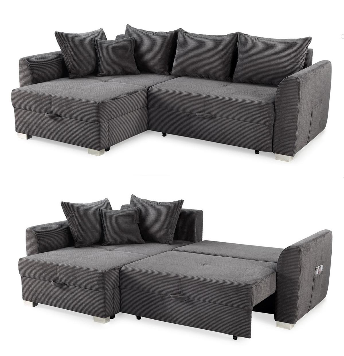 ECKSOFA mit Schlaffunktion und Bettkasten, seitenverkehrt montierbar B236/T160/H81 cm, Liegefl. 142x202 cm, Cord Dunkelgrau / 15202 - Chromfarben/Dunkelgrau, Kunststoff/Textil (236/160cm) - luma-home