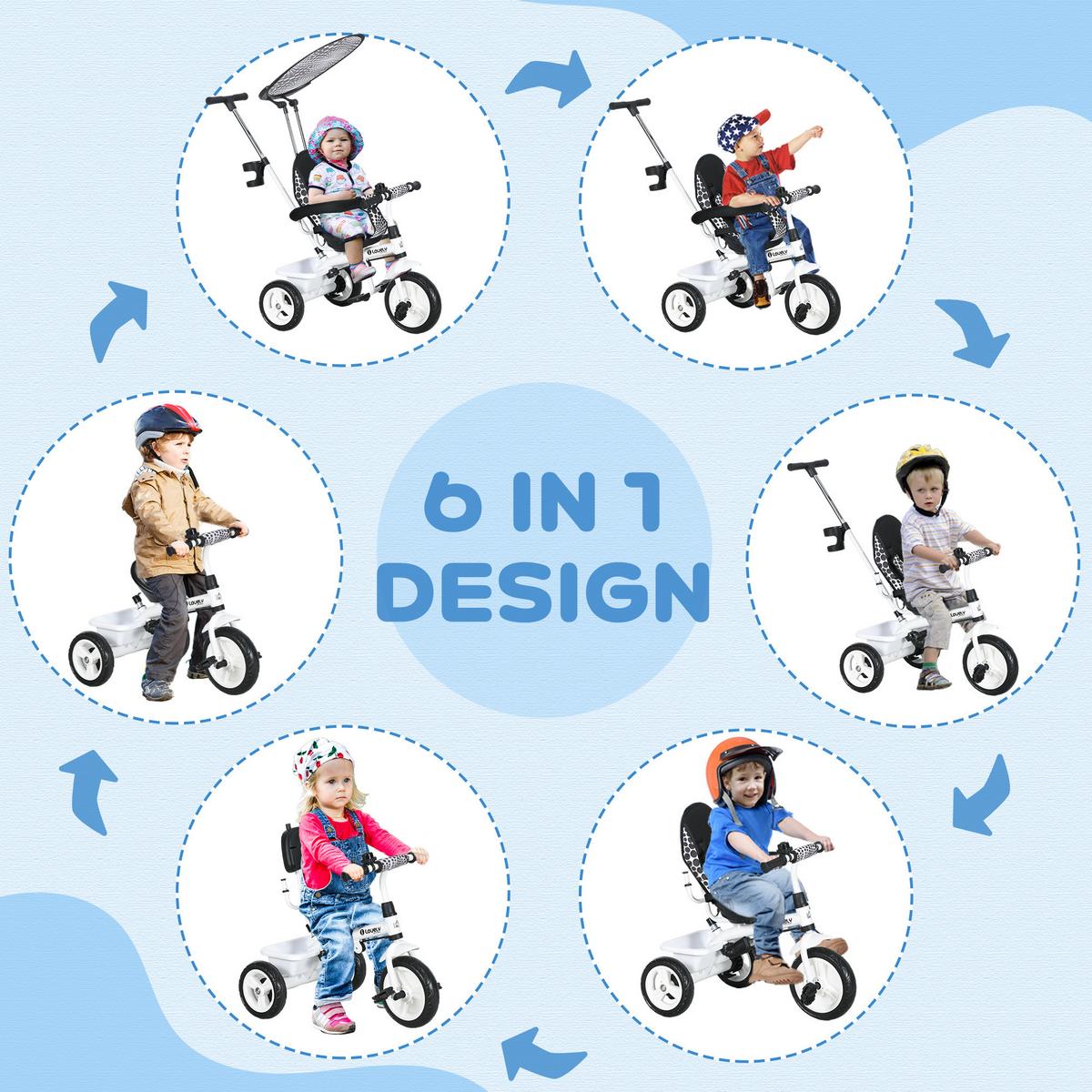 6-IN-1 Dreirad mit Schubstange, Kinderdreirad mit abnehmbarem Sonnendach Weiß - Weiß, Metall (105/47/98cm) - HOMCOM
