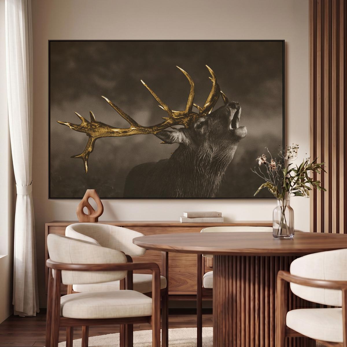 LEINWAND Bilder mit Rahmen - Rotwild - Schwarz - Gold - 140x90 - Braun, Textil (140/90cm) - MuchoWow