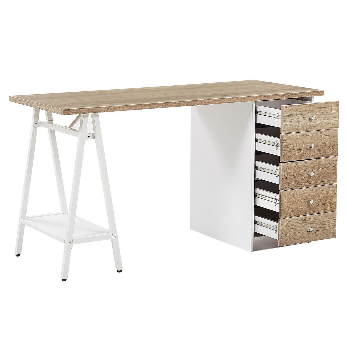 SCHREIBTISCH heller Holzfarbton/weiß 140/60/76 cm Heber - Hellgrau, Holzwerkstoff (60/140/76cm) - Beliani
