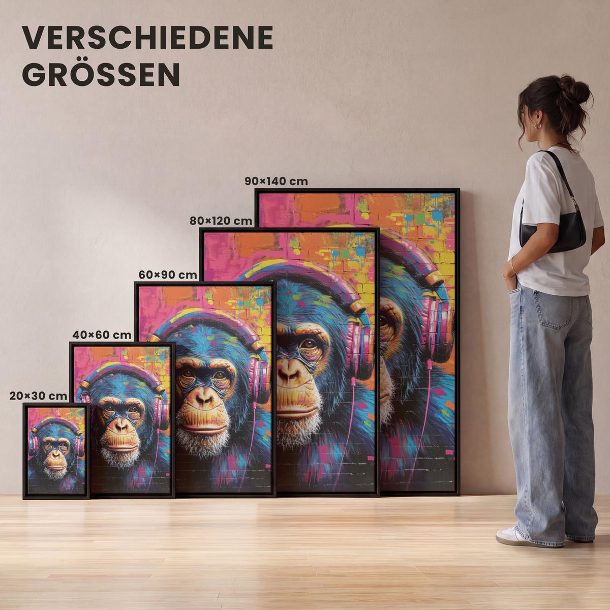LEINWAND Bilder mit Rahmen - Graffiti - Schimpanse - Straßenkunst - Kopfhörer - Affe - 20x30 - Blau, Textil (20/30cm) - MuchoWow
