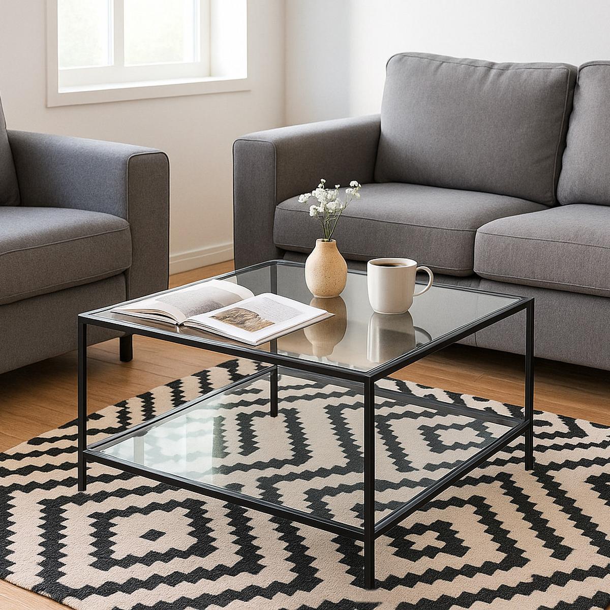 COUCHTISCH Glasplatte kratzfest & Metallgestell stabil 80X80cm - Schwarz, Glas/Metall (80/80/42cm) - Urban Meuble