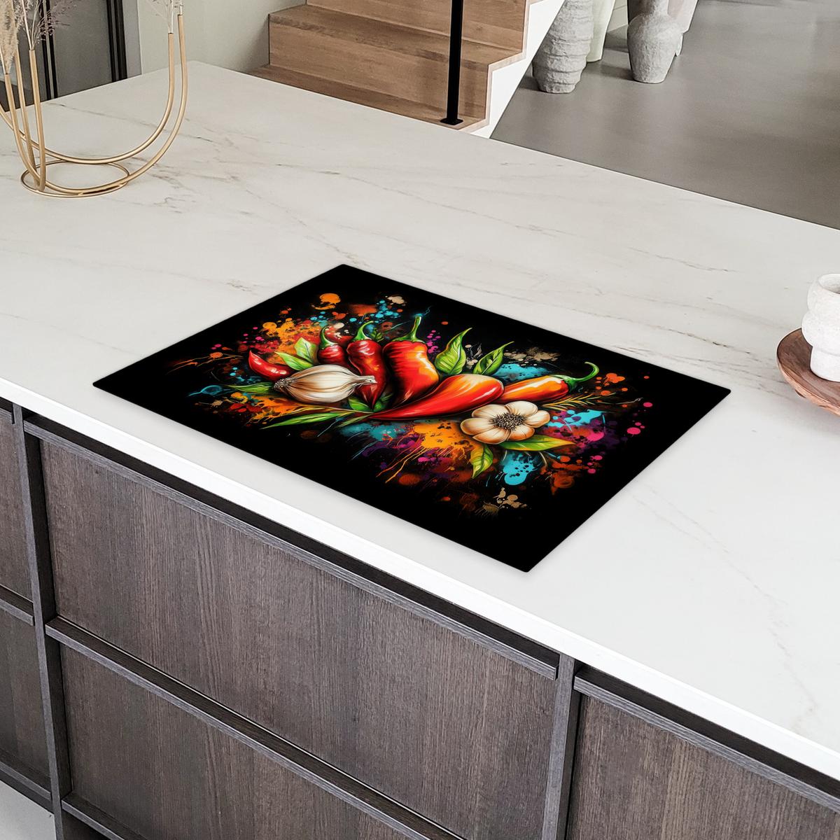 HERDABDECKPLATTE Gemüse - Paprika - Knoblauch - Graffiti - Farbe - Bunt Ceranfeldabdeckung 78x52 cm - Rot, Kunststoff (78/52/0.2cm) - MuchoWow