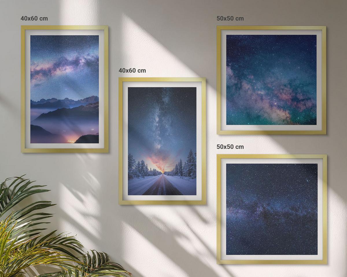 BILDER SET 4er Set - 50x50 cm & 40x60 cm Goldrahmen - Nachthimmel, Berge, Winter, Weltraum - Goldfarben, Kunststoff (50/50cm) - TULUP