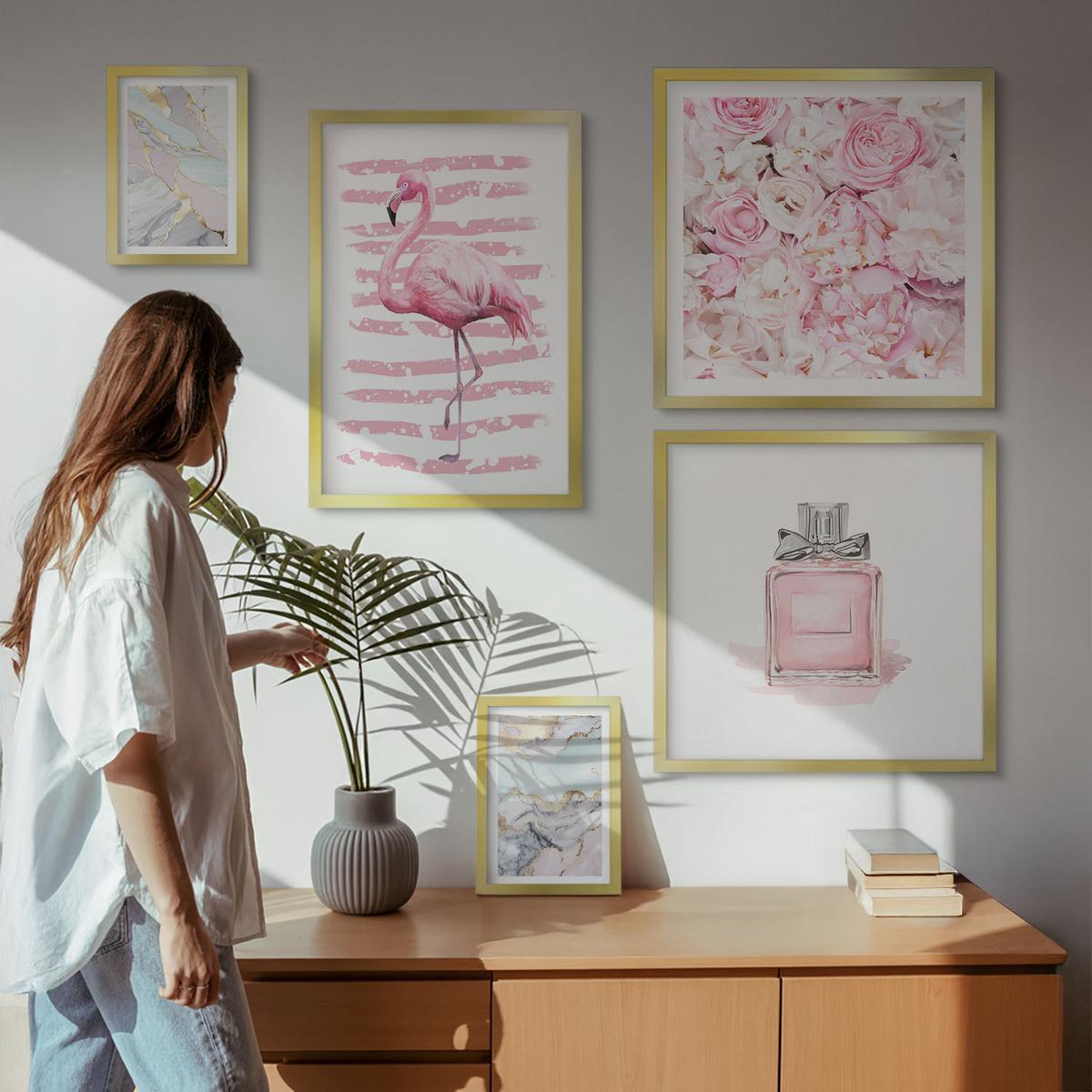 BILDER SET 5er Set - 50x50 cm & 20x30 cm & 40x60 cm Goldrahmen - Rosa Blumen Marmor Pastell - Goldfarben, Kunststoff (40/60cm) - TULUP