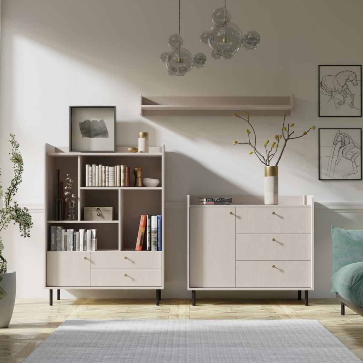 KOMMODE Gloria mit 2 Schubalden und 3 Türen - Beige/Schwarz, Holzwerkstoff/Metall (103/133/42cm) - Beautysofa