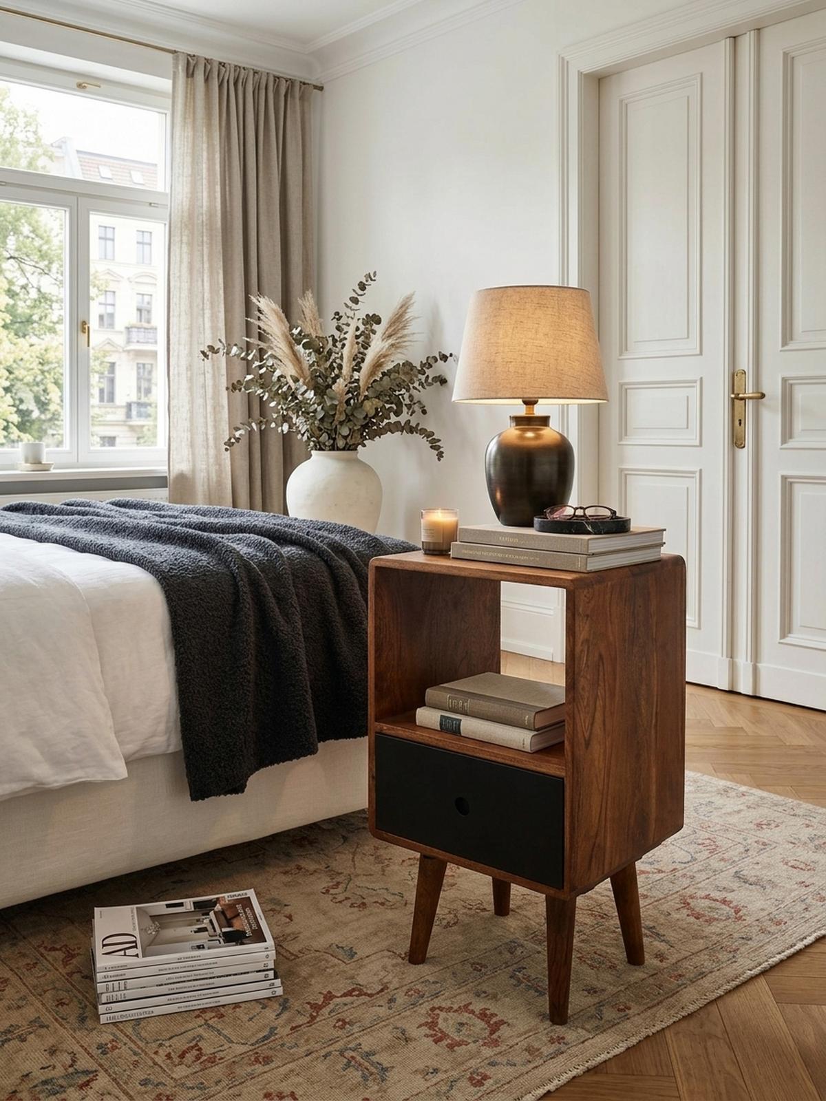 NACHTTISCH – Massivholz, 70 cm hoch, Retro-Stil, für Boxspringbett - Schwarz/Braun, Holz (40/70/35cm) - KADIMA DESIGN