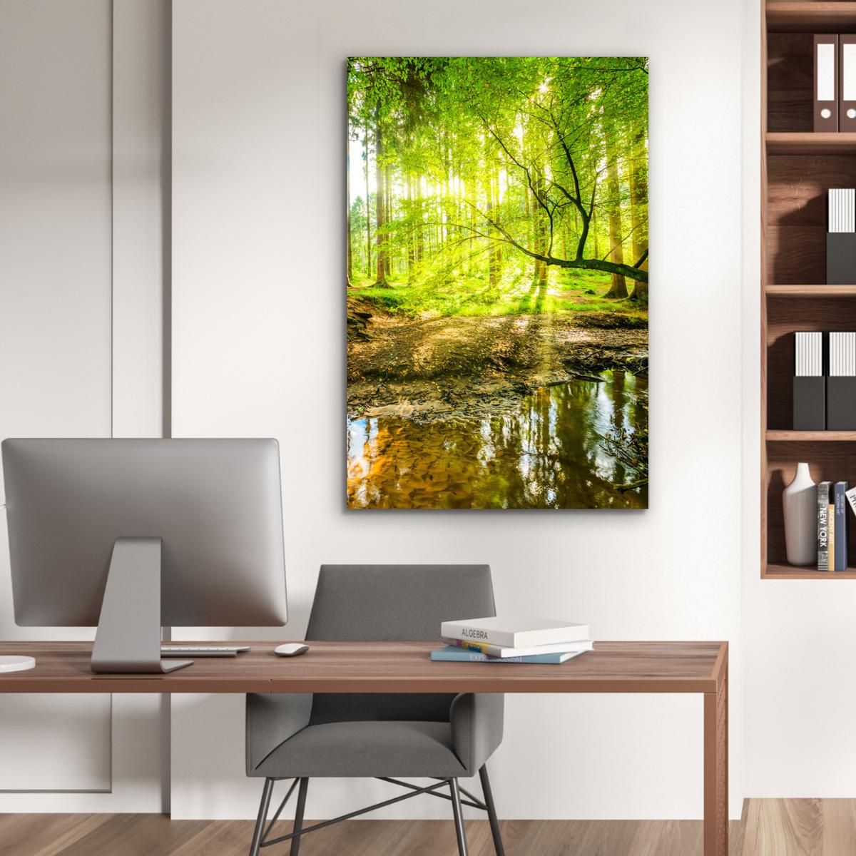 METALLBILD Wald - Landschaft - Wasser - Bäume - Sonne - Grün - Natur 80x120 cm - Grün, Metall (80/120cm) - MuchoWow