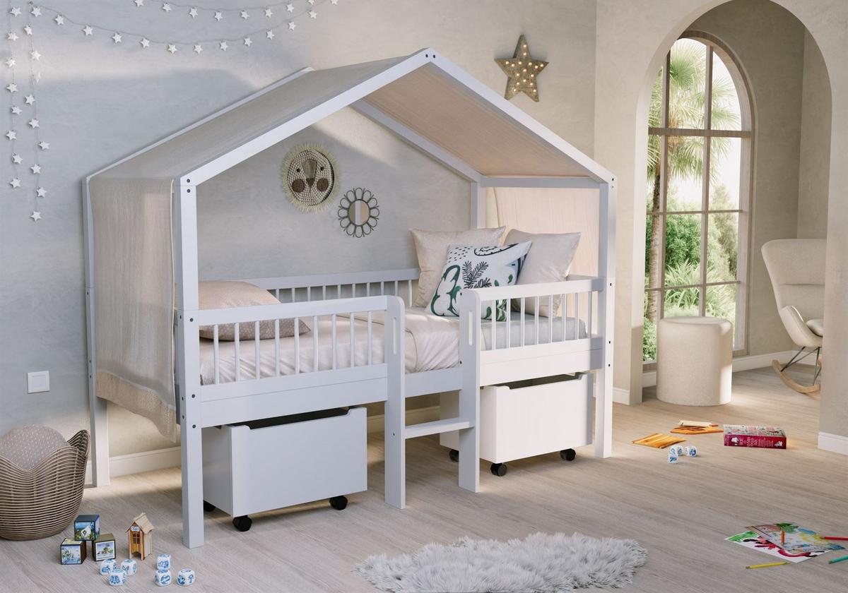 HAUSBETT HALBHOCH 90x200 Keeley Buche Weiß Leiter Himmel - Weiß, Holz (90/200cm) - 58aufmkessel
