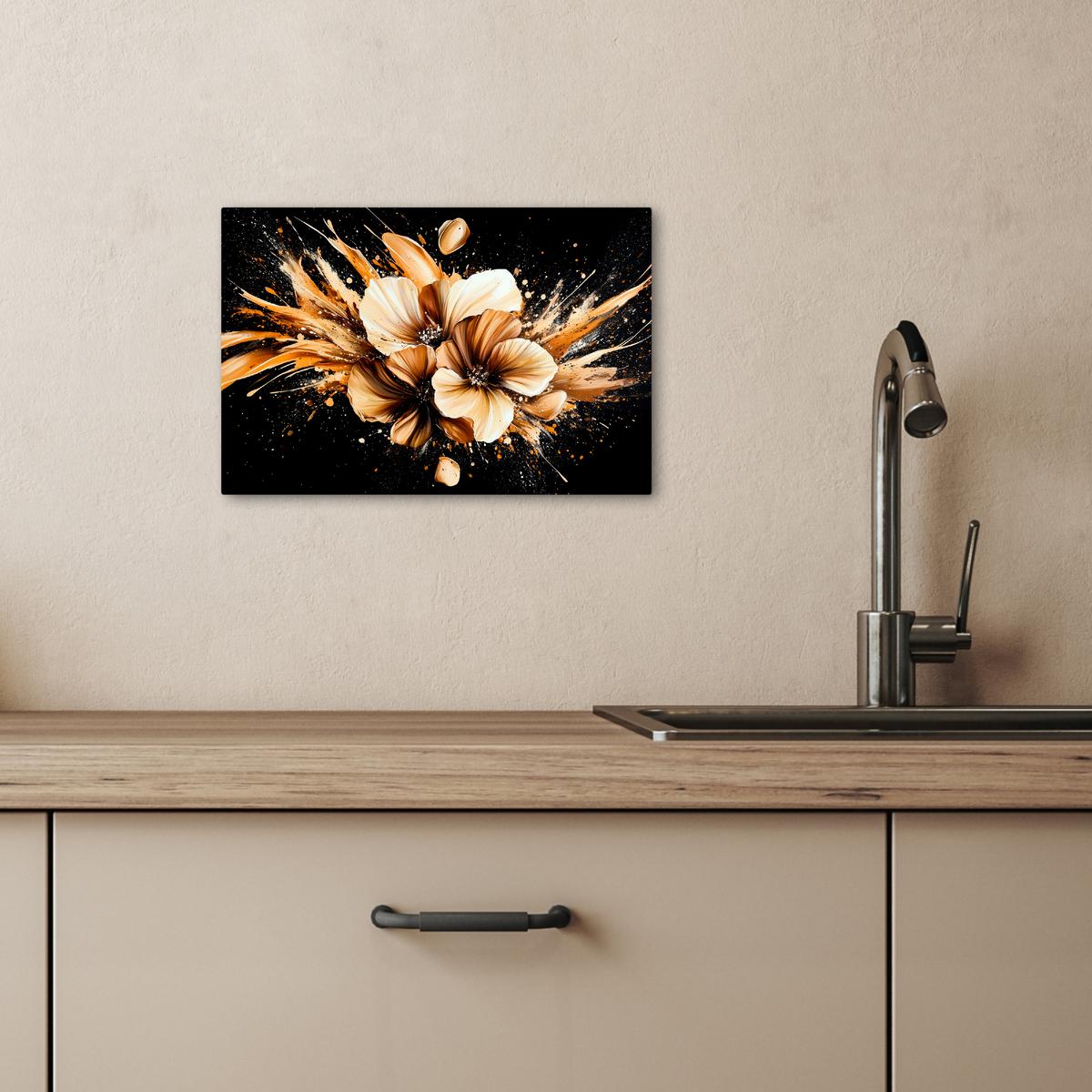 LEINWANDBILD Blumen - Gold - Graffiti - Schwarz - Abstrakt Deko Schlafzimmer 30x20 cm - Cappuccino, Textil (30/20cm) - MuchoWow