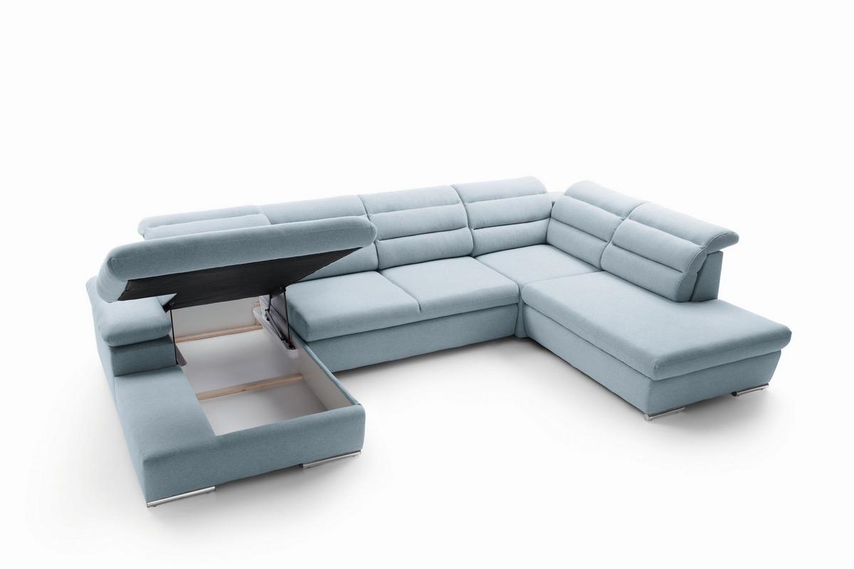 WOHNLANDSCHAFT RISO Blau Velours-Stoff mit Schlaffunktion - Blau, Holz (356/100/230cm) - MASSENO