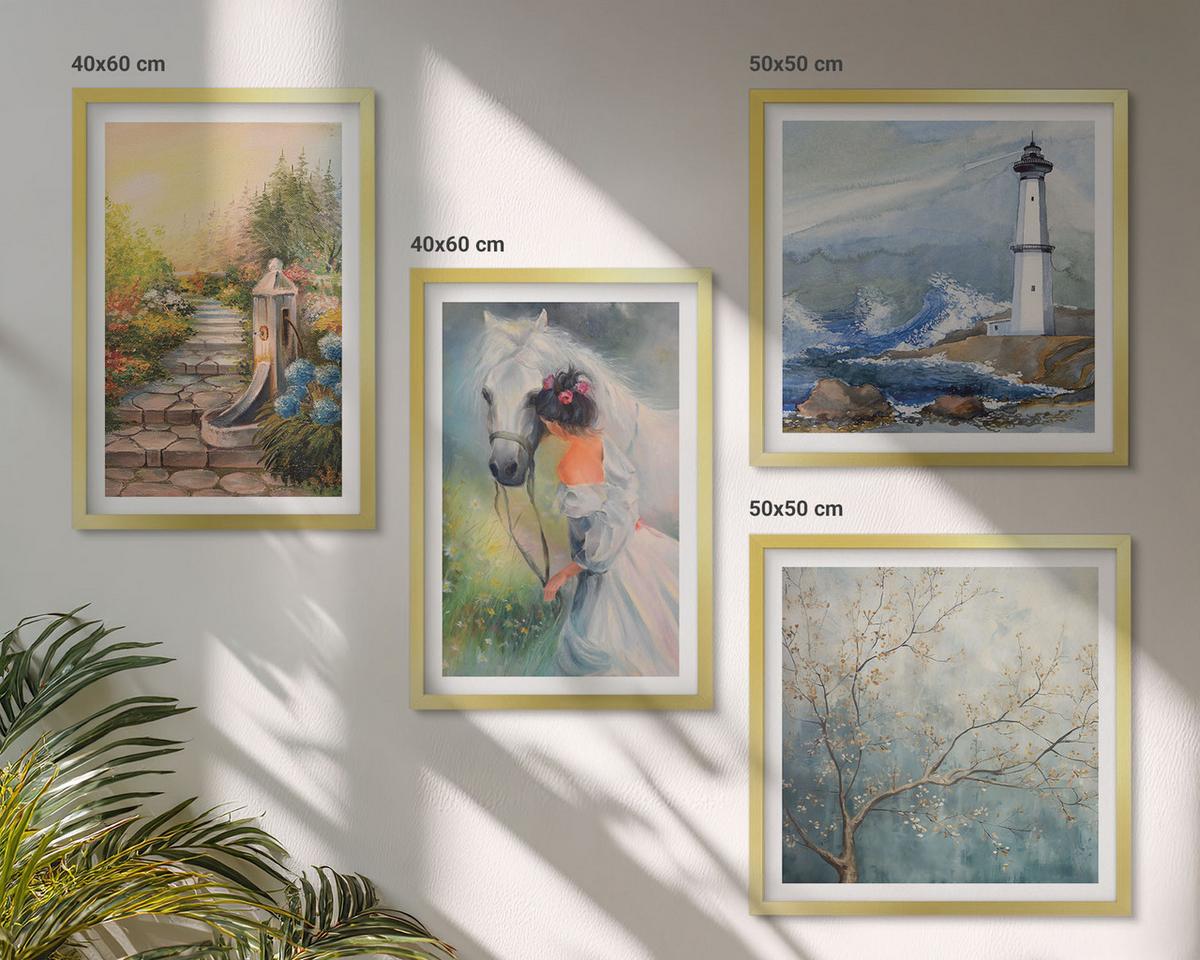 BILDER SET 4er Set - 50x50 cm & 40x60 cm Goldrahmen - Leuchtturm, Landschaft, Mädchen, Pferd - Goldfarben, Kunststoff (50/50cm) - TULUP