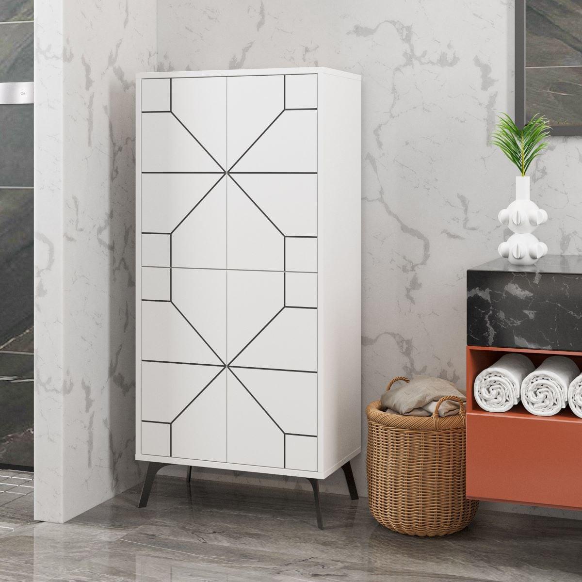 HIGHBOARD mit 4 weißen Türen und schwarzen Dekorationen H136 cm - Dune - Weiß, Holzwerkstoff (35.6/136/13cm) - Calicosy