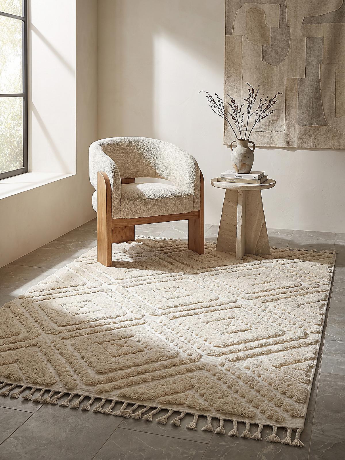 TEPPICH Hochflor, mit Fransen, TALLA, in Creme, Rautenmuster, 133 x 190 cm - Beige, Textil (133/190cm) - KADIMA DESIGN