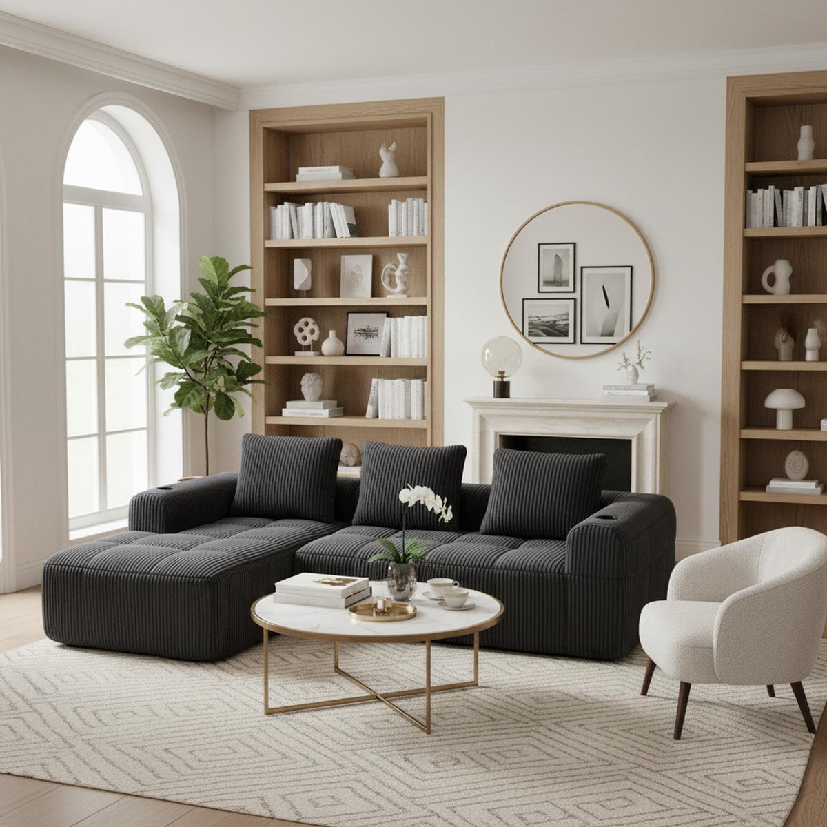ECKSOFA 3-Sitzer mit Getränkehalter, Seitentaschen & 3 Kissen - Dunkelgrau, Textil (253/158cm) - Urban Meuble
