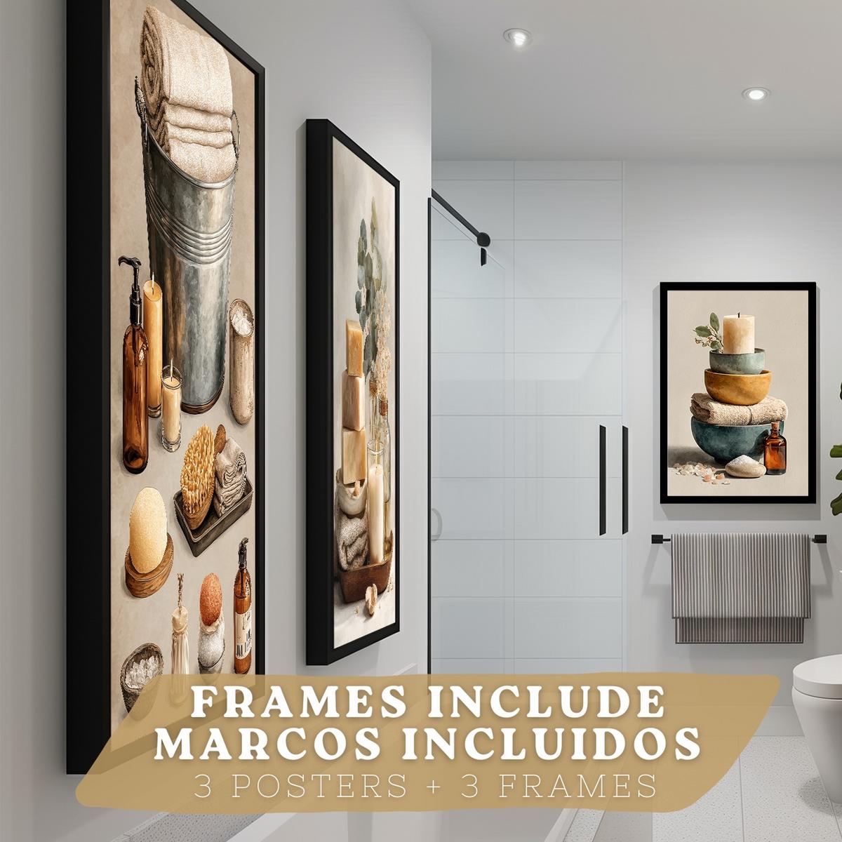 POSTER Set aus 3 Badezimmer Wandbildern und Drucke zur Dekoration für Waschbecken Dusche WC mit Kerzen Seifen und Handtüchern Schwarzer Rahmen A4 - Schwarz, Papier (29.7/21/3cm) - Nacnic