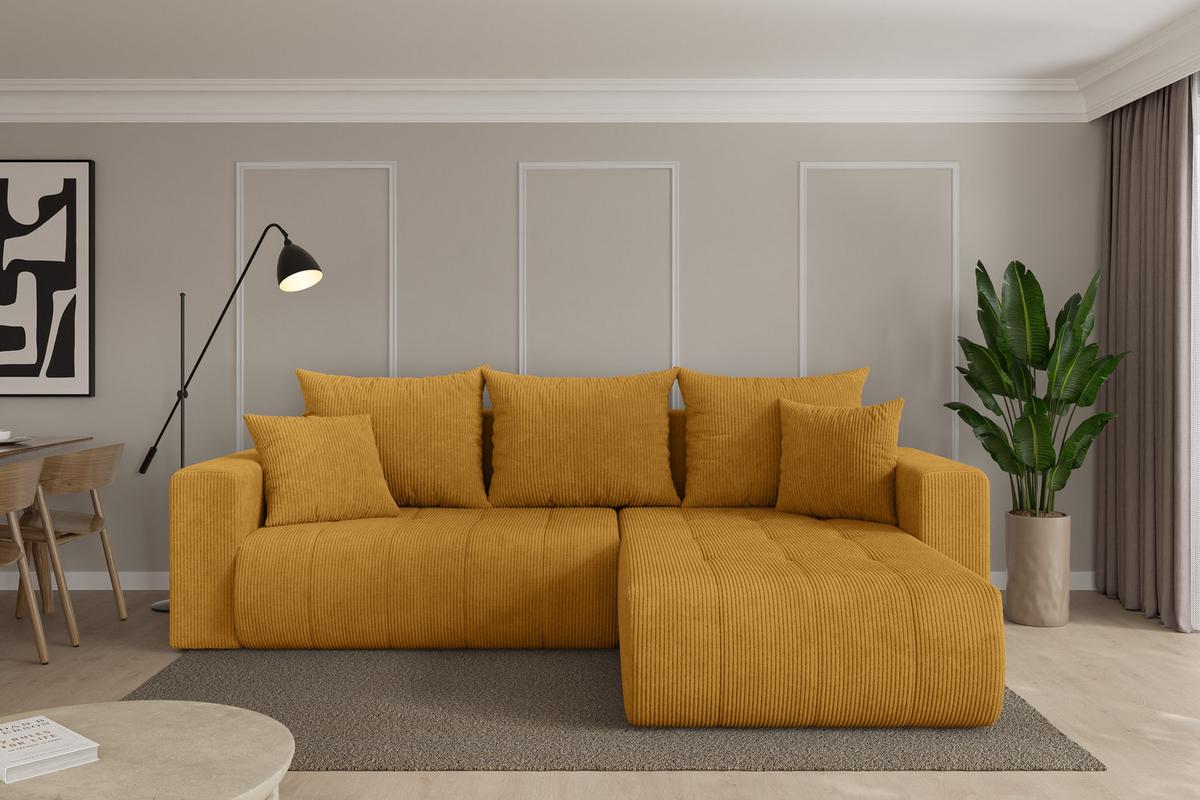 ECKSOFA mit Schlaffunktion Ottomane Rechts MILA-L 277x194x86 Senfgelb Cord - Dunkelgelb/Schwarz, Holzwerkstoff/Kunststoff (277/194cm) - ALTDECOR