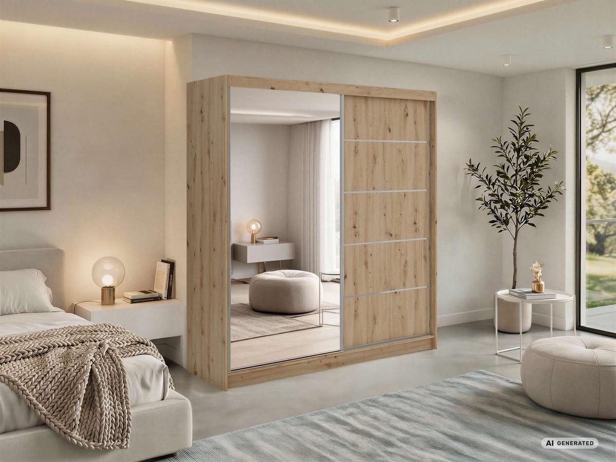 SCHWEBETÜRENSCHRANK mit Schubladen 200 - SKORIA - Eiche Artisan mit Spiegel - Alufarben/Eiche Artisan, Holzwerkstoff/Metall (200/216/61cm) - MKS