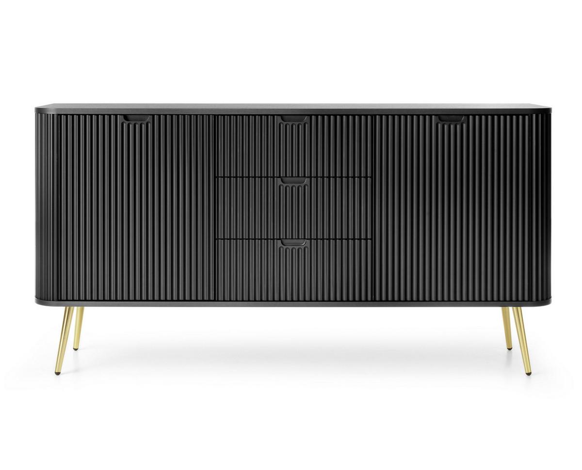 SIDEBOARD Salvia 2T 3S Schwarz, Gold 168/87/39 cm – mit geriffelten Fronten und hohen Beinen - Goldfarben/Schwarz, Holzwerkstoff/Metall (168/87/39cm) - AX Living