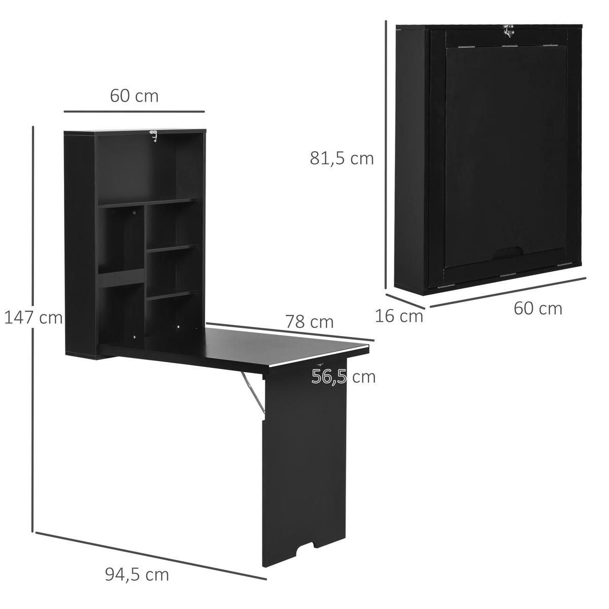 WANDTISCH Klappbar Wandklapptisch Klappschreibtisch Computertisch Schwarz - Schwarz, Kunststoff (94.5/147/60cm) - HOMCOM