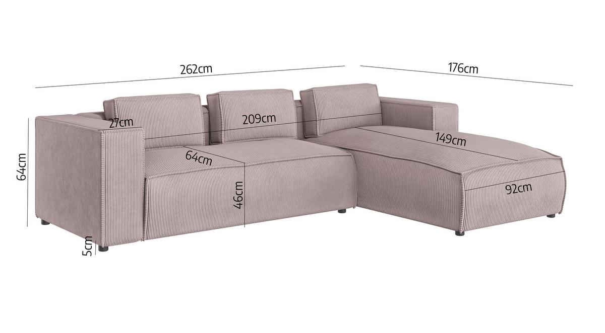 ECKSOFA Nova Puderrosa Cord, Ottomane rechts - Pink/Schwarz, Holz/Kunststoff (262/176cm) - S-Style