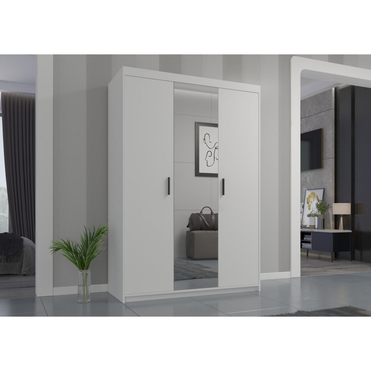 DREHTÜRENSCHRANK Elena mit 3 Türen, mit Spiegel, Weiß - Weiß, Holzwerkstoff (130/190/53cm) - Beautysofa