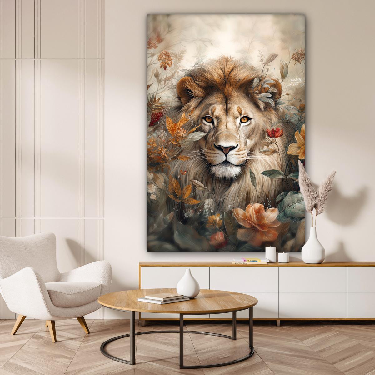 LEINWANDBILD Löwe - Wildtiere - Pflanzen - Natur - Blumen Deko Groß 90x140 cm - Beige, Textil (90/140cm) - MuchoWow