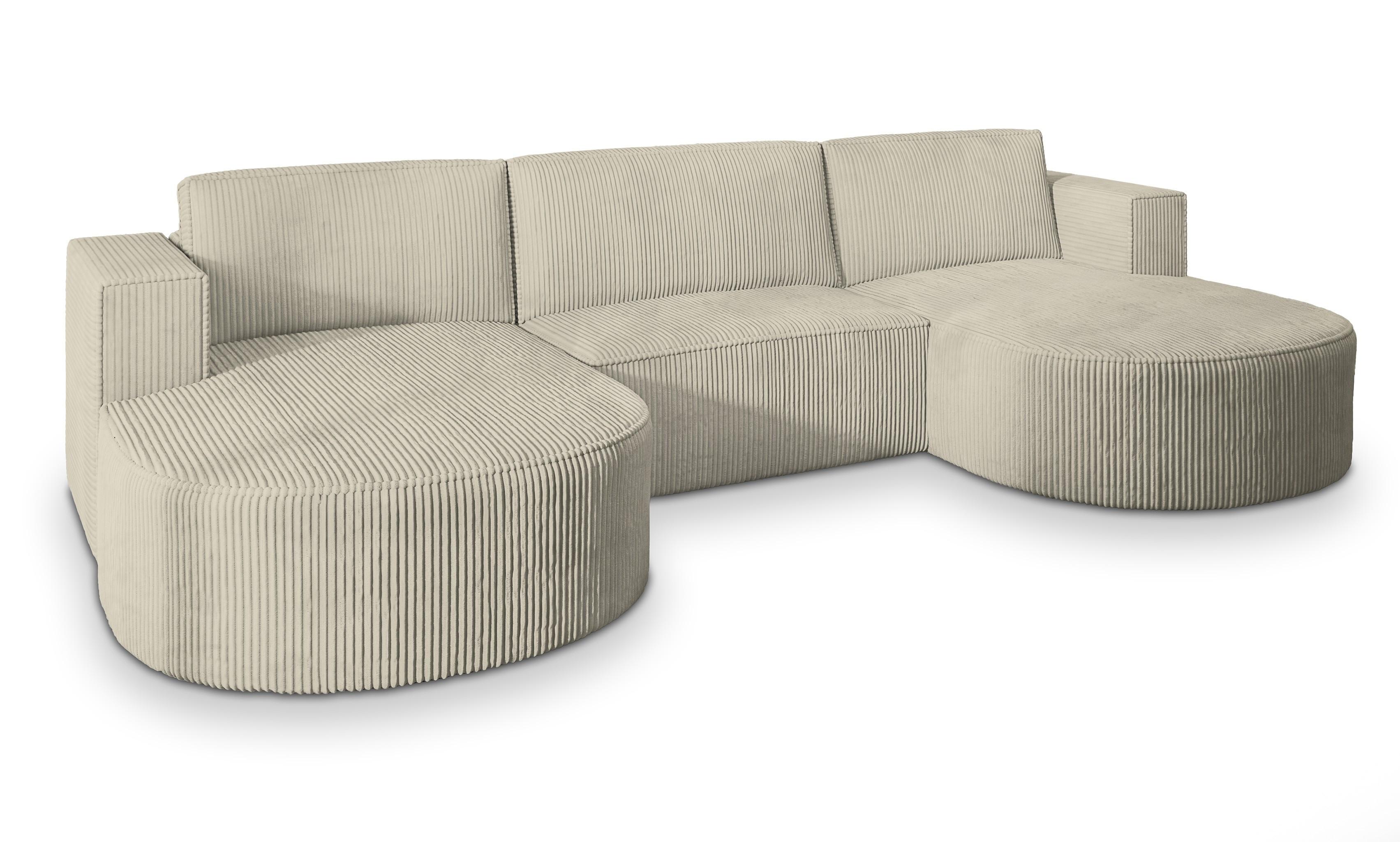 WOHNLANDSCHAFT VEZZO P Creme Kordstoff mit Schlaffunktion - Creme/Grau, Holz/Kunststoff (347/85/174cm) - MASSENO