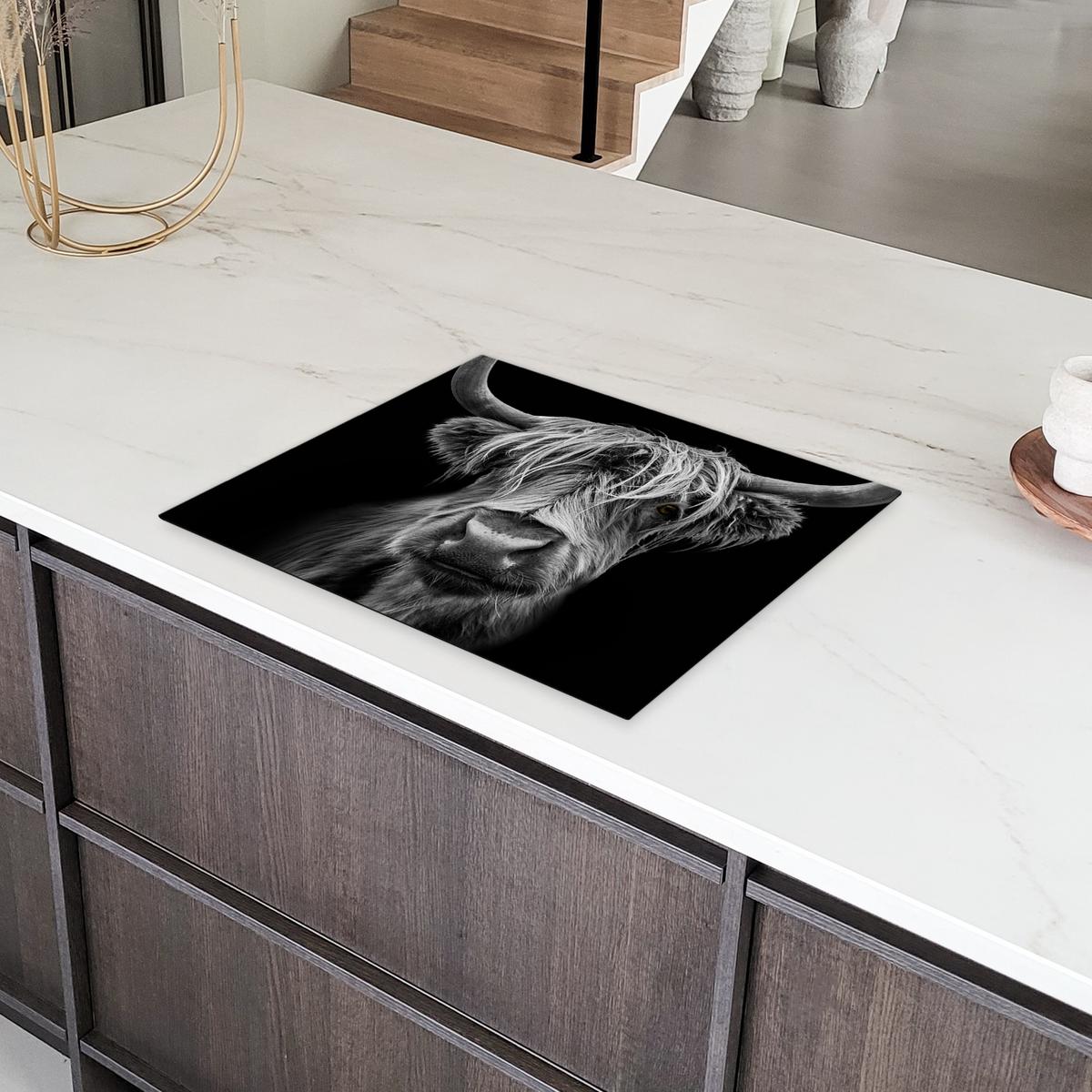 HERDABDECKPLATTE Schottischer Highlander - Hörner - Schwarz - Weiß - Kuh - Wild - Tiere Herdabdeckung Induktionsfeld 65x52 cm - Schwarz, Kunststoff (65/52/0.2cm) - MuchoWow