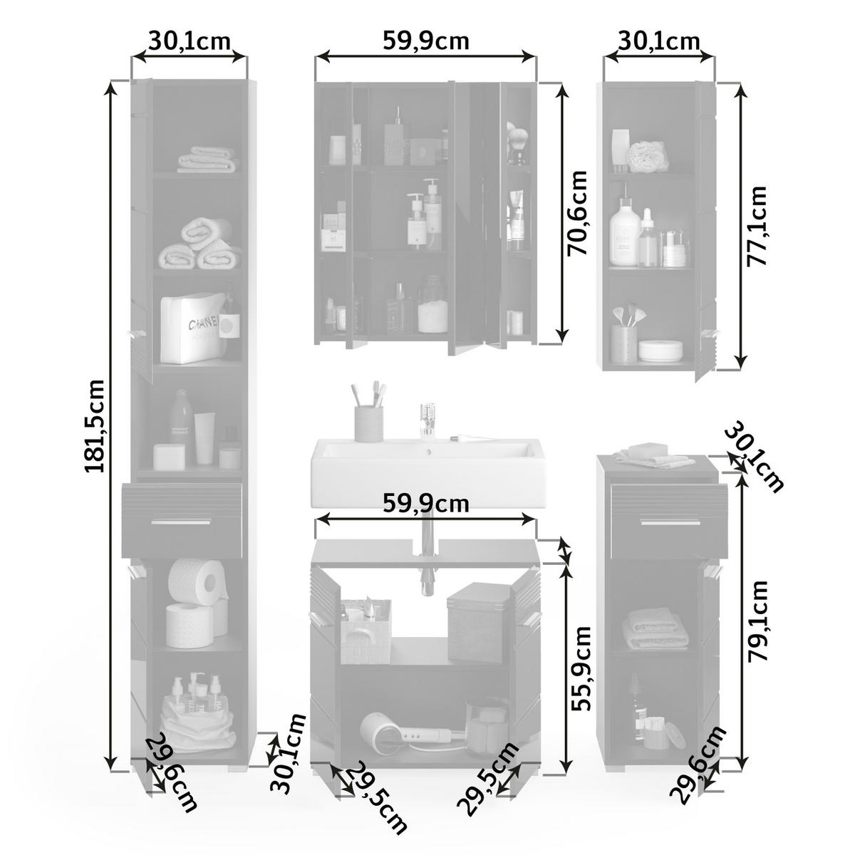 BADMÖBEL-SET in schwarz Hochglanz, 5-teilig 150 cm, Badkombination - Schwarz, Glas/Holzwerkstoff (150/182/34cm) - Inn.Furn