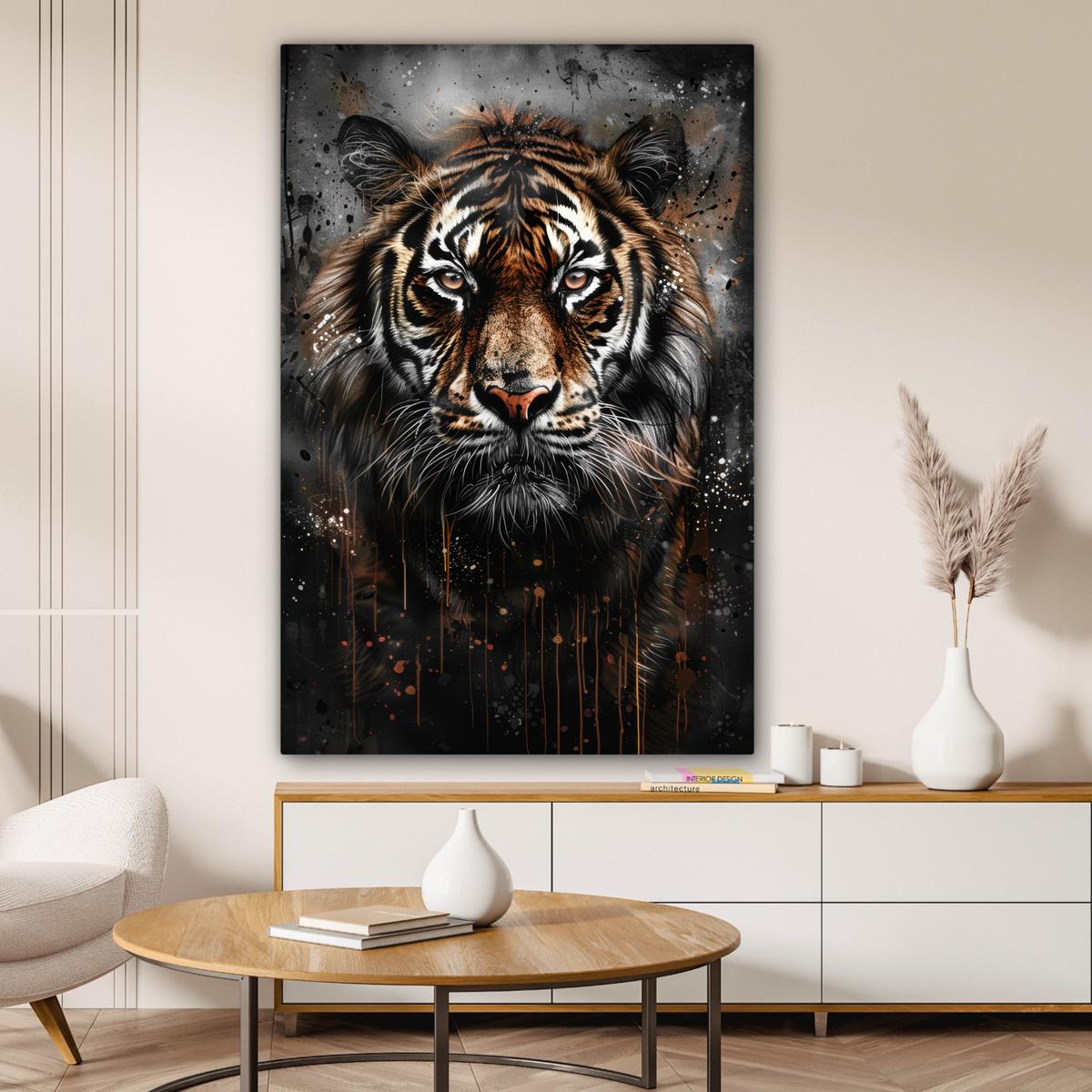 LEINWANDBILD Tiger - Tiere - Porträt - Luxus - Schwarz Deko Groß 90x140 cm - Anthrazit, Textil (90/140cm) - MuchoWow