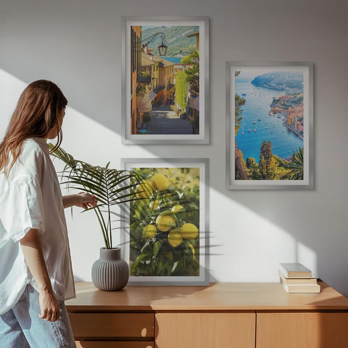 BILDER SET 3er Set - 40x60 cm Silberner Rahmen - Straßen am Meer, ein Meer aus Zitronen - Silberfarben, Kunststoff (40/60cm) - TULUP