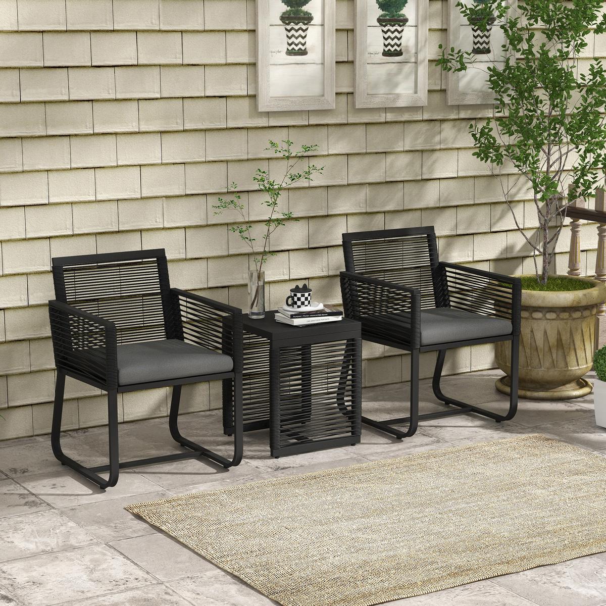 SITZGRUPPE, 3-tlg., Rattan Gartenmöbel-Set,Gartengarnitur mit 2 Gartenstühle - Schwarz, Kunststoff - Outsunny
