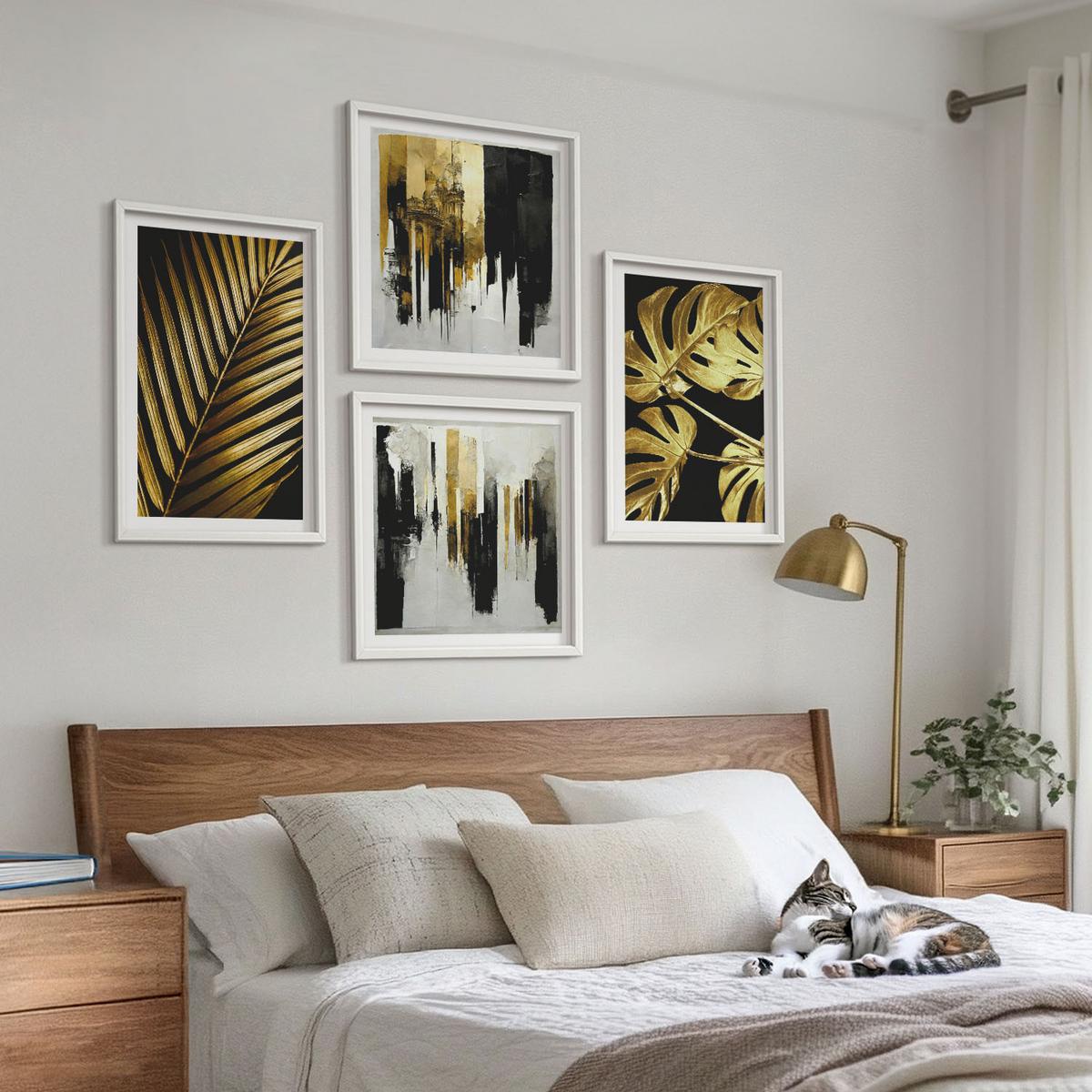 BILDER SET 4er Set - 50x50 cm & 40x60 cm Weißer Rahmen - Abstrakte Monstera-Palmenblätter - Weiß, Kunststoff (50/50cm) - TULUP