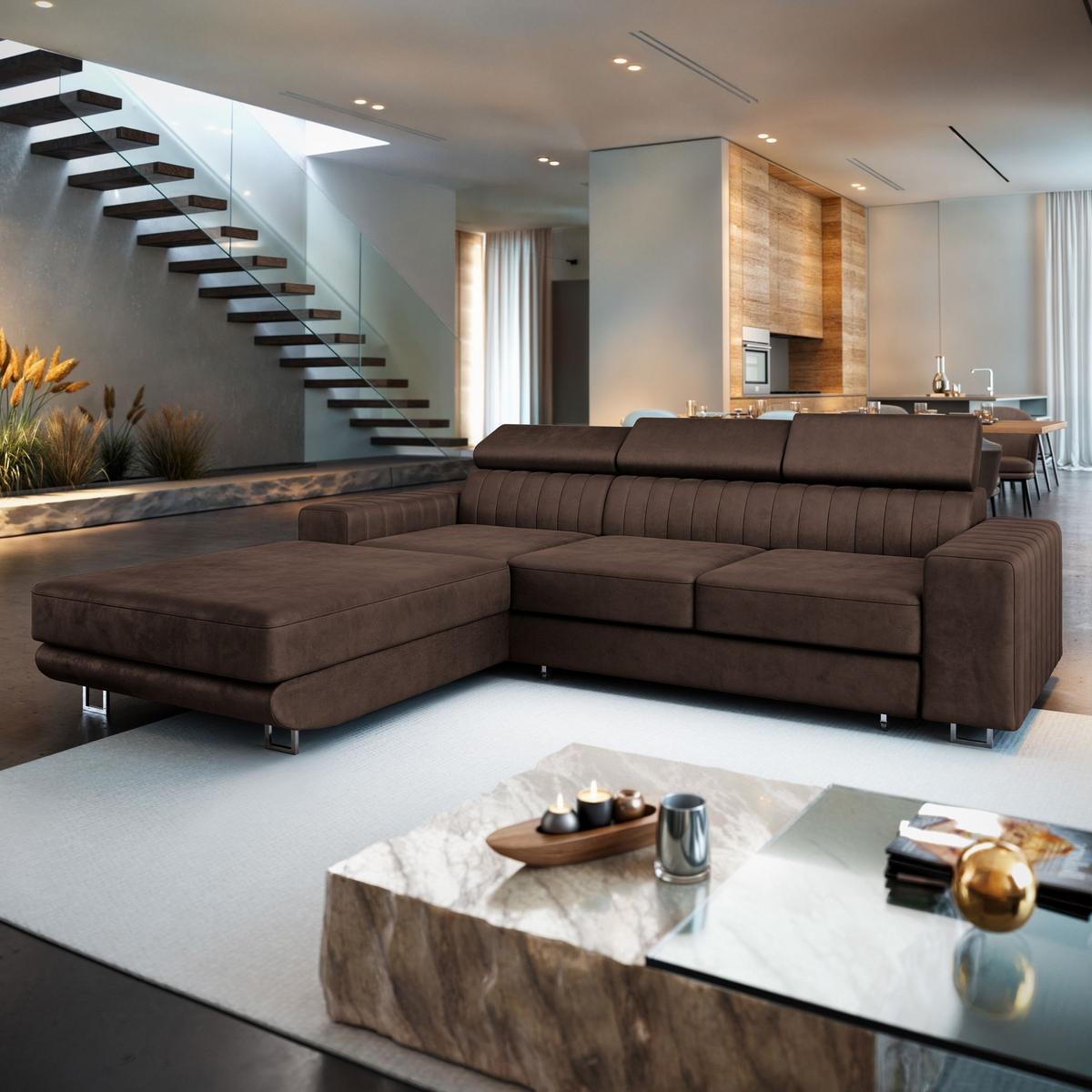 ECKSOFA NOTO L-S Braun Velours-Stoff mit Schlaffunktion - Silberfarben/Braun, Holz/Textil (267/190cm) - MASSENO