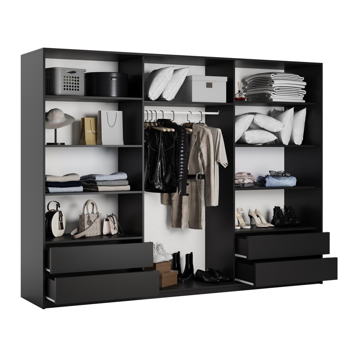 SCHWEBETÜRENSCHRANK VONTE 270/205/60 cm 3-türig mit Lamellen Schwarz - Eiche Wotan/Schwarz, Holzwerkstoff (270/205/60cm) - MASSENO
