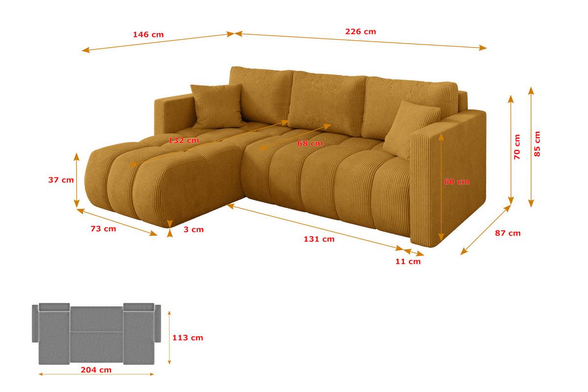 ECKSOFA mit Schlaffunktion Ottomane Links GARD-L 226x146x85 Senfgelb Cord - Dunkelgelb/Schwarz, Holzwerkstoff/Kunststoff (226/146cm) - ALTDECOR